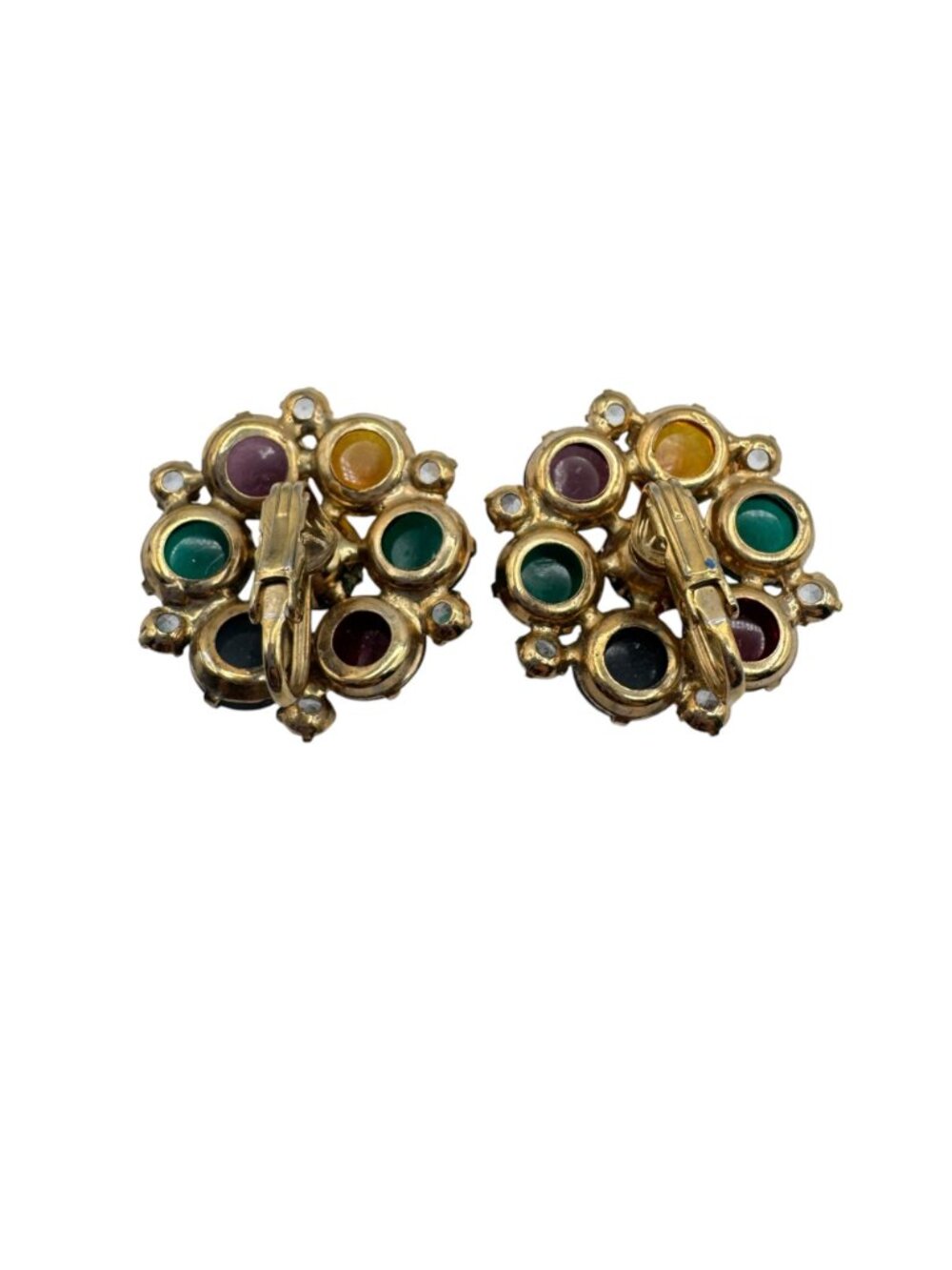 Vintage Fruit Salad Cluster Earrings Clip Multi-Color Glass Prong Set Gold Tone - Picture 3 of 11